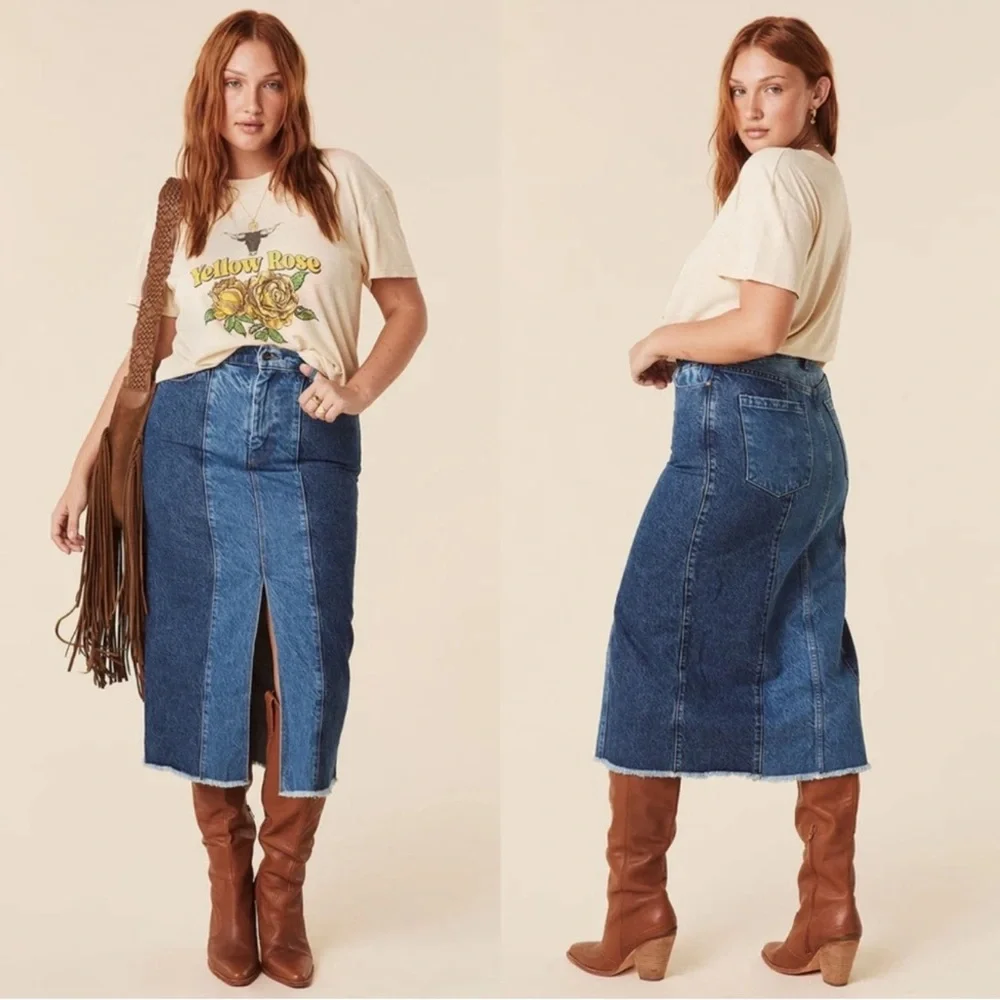 Spell Blue Daisy Patchwork Denim Midi Skirt S - Picture 3 of 9